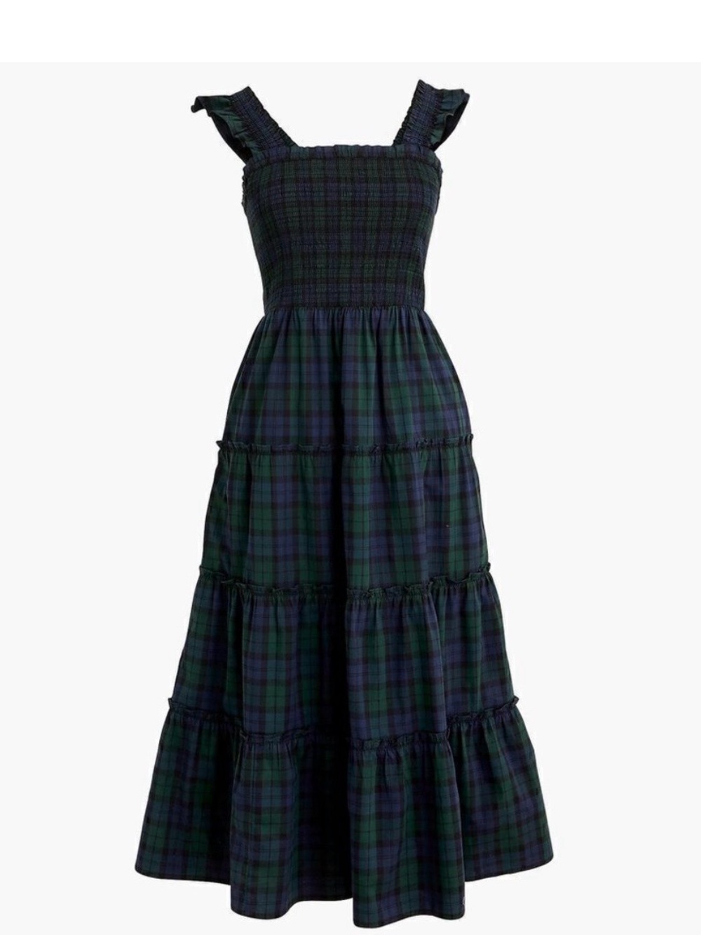 J. Crew Blackwatch Plaid Smocked Tiered Maxi Dress in Navy & Green